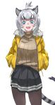  1girl absurdres alternate_costume animal_ears black_pantyhose black_skirt blue_eyes blush brown_sweater casual cave_lion_(kemono_friends) cowboy_shot grey_hair hands_in_pockets highres jacket kemono_friends lion_ears lion_girl lion_tail looking_at_viewer multicolored_hair open_clothes open_jacket open_mouth pantyhose pleated_skirt short_hair skirt solo sweater tail tanabe_(fueisei) turtleneck turtleneck_sweater yellow_jacket 