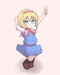  1girl alice_margatroid arm_behind_head arms_up bangs blonde_hair blue_dress blue_eyes blush boots brown_footwear capelet closed_mouth commentary_request cookie_(touhou) derivative_work dress flat_chest full_body hairband highres ichigo_(cookie) looking_at_viewer madore puffy_short_sleeves puffy_sleeves red_hairband red_sash red_scarf sash scarf short_sleeves simple_background smile solo standing touhou v white_capelet 