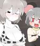  2girls animal_ears animal_print bangs bikini black_eyes blush breast_envy breasts capelet cleavage colored_skin commentary_request cookie_(touhou) cow_print dress dual_persona flat_chest grey_dress grey_hair highres large_breasts long_sleeves looking_at_another madore mouse_ears mouse_girl multiple_girls nazrin nyon_(cookie) one_eye_closed open_mouth print_bikini red_eyes short_hair swimsuit touhou upper_body white_capelet white_skin 