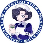  1girl amamams apron armband bangs black_hair blue_dress blue_eyes buttons collared_dress dress hat holding juliet_sleeves little_nurse long_sleeves looking_to_the_side mentholatum nurse nurse_cap parted_bangs pill_bottle puffy_sleeves round_image short_hair smile solo wavy_hair 