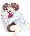  1boy 1girl black_skirt blush bra breasts brown_eyes cleavage couple eye_contact feet_out_of_frame french_kiss hetero holding_another&#039;s_wrist kiss long_sleeves looking_at_another medium_breasts original pencil_skirt red_bra shirt simple_background skirt underwear white_background white_shirt yuka_(mischief) 