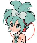  1girl aqua_eyes aqua_hair aqua_necktie blue_bow bow cinnamiku cinnamoroll dolman4878 double_bun hair_bow hair_bun hatsune_miku headset highres looking_up microphone necktie number_tattoo open_mouth sanrio sleeveless solo tattoo updo vocaloid white_background 