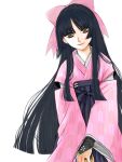  1girl black_hair brown_eyes furisode highres japanese_clothes kaoru_quincy_kagura kimono long_hair non-web_source rance_(series) ribbon 