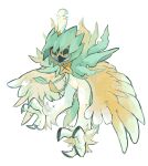  bird closed_mouth commentary_request decidueye full_body highres izumi_asuka looking_to_the_side no_humans orange_pupils pokemon pokemon_(creature) solo talons white_background yellow_eyes 