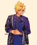  1boy alternate_costume aqua_eyes blonde_hair blue_jacket buttons cloud_strife final_fantasy final_fantasy_vii final_fantasy_vii_remake indian_clothes jacket long_sleeves looking_to_the_side male_focus own_hands_clasped own_hands_together parted_lips pocket_square short_hair smile solo spiked_hair thar_chandran twitter_username upper_body 