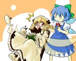  barefoot blonde_hair blue_hair bow cirno dress drill_hair hair_bow hat luna_child multiple_girls red_eyes seventh_servant shoes short_hair single_shoe slippers touhou wings 