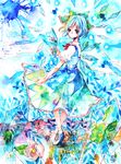  blue_eyes blue_hair bow cirno dress flower hair_bow ice icicle necktie shiratsuyu shoes short_hair socks solo touhou traditional_media watercolor_(medium) wings 