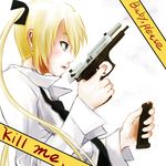  beretta_92 black_neckwear blonde_hair dokyuu_afro english gun hair_ribbon handgun kill_me_baby locked_slide long_hair magazine_(weapon) necktie pistol reloading ribbon shirt solo sonya_(kill_me_baby) twintails weapon white_shirt 