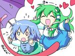  blue_eyes blue_hair breasts chibi detached_sleeves frog green_hair hair_ornament heart heterochromia kahara_nanami karakasa_obake kochiya_sanae large_breasts long_hair multiple_girls o_o purple_umbrella red_eyes short_hair tatara_kogasa tongue touhou umbrella 