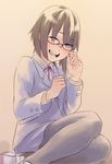  bad_id bad_pixiv_id bow brown_eyes brown_hair brown_legwear copyright_request glasses laughing one_eye_closed open_mouth pantyhose ribbon school_uniform short_hair solo uyama_hajime 