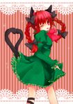  ;p animal_ears bow braid cat_ears cat_tail dress frilled_dress frills gown hair_bow heart heart_tail kaenbyou_rin leg_ribbon long_hair looking_at_viewer mao_(alepricos) multiple_tails neck_ribbon one_eye_closed red_eyes red_hair ribbon skirt_hold solo tail tongue tongue_out touhou twin_braids 