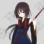  :| bad_id bad_pixiv_id bangs bare_shoulders black_hair blue_hakama closed_mouth detached_sleeves eyebrows_visible_through_hair grey_background hakama holding holding_weapon japanese_clothes kurasawa_moko looking_at_viewer looking_to_the_side original polearm red_eyes short_hair_with_long_locks solo tassel weapon wide_sleeves 