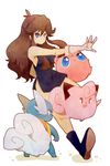  black_dress blue_(pokemon) blue_eyes boots brown_hair clefairy dress full_body gen_1_pokemon jigglypuff long_hair pokemon pokemon_(creature) pokemon_special rojiuranoneko simple_background wartortle white_background 