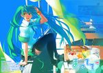  azusa_(hws) black_legwear classroom green_eyes green_hair hatsune_miku long_hair necktie solo thighhighs twintails very_long_hair vocaloid 