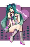  bad_id bad_pixiv_id boots choker green_eyes green_hair hatsune_miku high_heels highres jeya lipstick long_hair makeup nail_polish pink_nails shoes sitting solo sweet_devil_(vocaloid) twintails very_long_hair vocaloid 