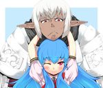  1girl arms_up bad_id bad_pixiv_id blue_hair blush buront crossover dark_skin final_fantasy final_fantasy_xi hinanawi_tenshi iwamasama jpeg_artifacts no_hat no_headwear one_eye_closed pointy_ears red_eyes smile the_iron_of_yin_and_yang touhou white_hair 