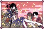  1girl absurdres bangs bell black_hair blunt_bangs cage clamp egasumi fan glasses highres hime_cut ichihara_yuuko japanese_clothes kimono official_art paper_fan uchiwa watanuki_kimihiro xxxholic 