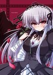  bad_id bad_pixiv_id blush breasts choker cleavage doll_joints dress flower gothic_lolita hairband large_breasts lolita_fashion long_hair petals purple_flower purple_rose red_eyes red_flower red_rose ribbon rose rozen_maiden shinshin silver_hair solo suigintou wings 