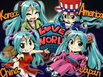  america angelin aqua_hair china china_dress chinese_clothes dress green_eyes hanbok hat hatsune_miku japan japanese_clothes kimono korea korean_clothes multiple_girls pipe top_hat twintails uncle_sam vocaloid 