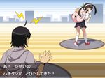  1girl araragi_koyomi backpack bag bakemonogatari black_hair gameplay_mechanics hachikuji_mayoi hair_ribbon hairband long_hair looking_back monogatari_(series) parody paws pokemon pokemon_(game) pokemon_battle red_eyes ribbon translated twintails yamasan 