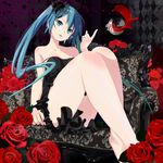  alcohol bad_id bad_pixiv_id barefoot blue_eyes blue_hair cup dress drinking_glass flower green_hair hands hatsune_miku legs long_hair red_flower red_rose rose shuku sitting solo twintails very_long_hair vocaloid wine wine_glass 