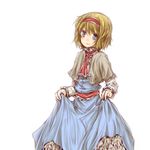  alice_margatroid blonde_hair blue_eyes blush capelet curtsey hairband natsuk smile solo touhou 