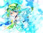  blue_hair dress frills green_eyes hat kawashiro_nitori key long_hair ribbon shiratsuyu solo touhou traditional_media twintails two_side_up underwater watercolor_(medium) 