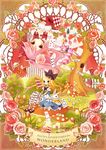  32_(mayama) alice_(wonderland) alice_in_wonderland bad_id bad_pixiv_id blonde_hair blue_eyes bow card card_creature cheshire_cat copyright_name cup falling_card flower hair_bow hair_ornament highres mary_janes multicolored multicolored_rose multiple_girls mushroom neck_ruff pink_flower pink_hair pink_rose pocket_watch queen_of_hearts red_eyes red_flower red_rose rose shoes teacup thighhighs tree watch white_rabbit 