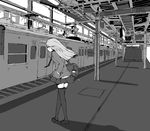  alternate_costume clock greyscale ground_vehicle kochiya_sanae long_hair melonpan_(artist) monochrome necktie pantograph railroad_signal school_uniform skirt solo stairs tactile_paving thighhighs touhou train train_station zettai_ryouiki 