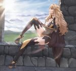  1girl artist_name azto_dio blonde_hair blue_sky breasts cape center_opening cleavage closed_mouth cloud covered_navel dated fire_emblem fire_emblem_if from_side grey_eyes high_heels highres long_hair medium_breasts nintendo ophelia_(fire_emblem_if) sitting sky solo stone_wall wall 