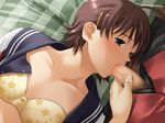  1girl ahoge bed blue_eyes blush bow bow_bra bra brown_hair censored close-up clothed_sex dutch_angle fellatio flat_chest floral_print game_cg hair_ornament hairclip have_relations_with... hetero kataho kitamoto_kounosu lingerie lying mosaic_censoring on_back open_clothes open_fly open_shirt oral penis school_uniform serafuku shirt short_hair solo_focus striped underwear unzipped yellow_bra 