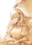  1girl book closed_mouth eyes_closed female_my_unit_(fire_emblem_if) fire_emblem fire_emblem_if hairband long_hair long_sleeves monochrome my_unit_(fire_emblem_if) nintendo pointy_ears puffy_sleeves robaco sleeping 