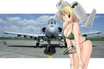  a-10_thunderbolt_ii aircraft airplane bikini blonde_hair blue_eyes breasts day futanari gatling_gun gau-8 katou_(katohayabusa) large_breasts mecha_musume military original penis personification photo short_hair solo swimsuit 