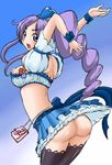  aono_miki arms_up ass back blue_skirt blush breasts cure_berry drill_hair earrings fresh_precure! hair_ornament heart heart_hair_ornament jewelry long_hair looking_back magical_girl masakichi_(heppouku) medium_breasts midriff nipples no_panties precure purple_eyes purple_hair pussy skirt solo thighhighs upskirt 