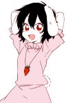  1girl :3 animal_ears arms_behind_head arms_up bangs black_hair bunny_ears bunny_tail carrot_necklace dress floppy_ears frilled_sleeves frills hair_between_eyes inaba_tewi looking_at_viewer open_mouth pink_dress red_eyes short_hair short_sleeves simple_background six_(fnrptal1010) smile solo tail touhou upper_body white_background white_skin 