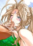  aa_megami-sama belldandy blue_eyes blush brown_hair censored facial_mark fellatio forehead_mark highres jewelry konkitto long_hair oral penis pointless_censoring ponytail ring solo_focus 