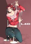  bare_shoulders belt blue_eyes brown_hair bukkake collarbone cum cum_on_clothes cum_on_hair denim g-room_honten jeans left_4_dead panties pants ponytail shoes sneakers solo squatting thong torn_clothes underwear wide_hips zoey_(left4dead) 