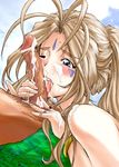  aa_megami-sama belldandy blue_eyes blush brown_hair censored cum facial facial_mark fellatio forehead_mark highres jewelry konkitto licking long_hair oral penis ponytail ring solo_focus 