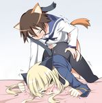 animal_ears bed_sheet blonde_hair blush brown_hair cat_ears closed_eyes cum cum_in_pussy detexted doggystyle ejaculation futa_with_female futanari glasses heavy_breathing implied_futanari miyafuji_yoshika multiple_girls pantyhose perrine_h_clostermann sex sheet_grab strike_witches tail tail_wrap third-party_edit top-down_bottom-up torn_clothes torn_legwear trembling unpokotan world_witches_series yellow_eyes 