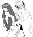  1girl arm_held_back arrancar ass bleach blush breasts clothed_male_nude_female cyan_sung-sun doggystyle espada greyscale hetero incognitymous long_hair looking_back monochrome nude penis sex skull small_breasts standing ulquiorra_cifer vaginal wet wrist_grab 