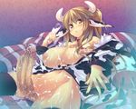  :&lt; animal_ears animal_print bell black_legwear blonde_hair blush breasts censored cow_ears cow_print cum futanari horns huge_breasts huge_penis lactation long_hair milk nipples open_clothes open_shirt original penis purple_eyes shimakaze shirt solo thighhighs 