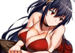  1girl ahoge alternate_costume azur_lane bangs bare_shoulders black_hair blush breasts choker cleavage cocktail_dress collarbone commentary_request couch dress eyebrows_visible_through_hair hair_between_eyes hair_ornament large_breasts leaning_forward leaning_on_object lolicept long_hair looking_away red_dress red_eyes simple_background smile solo taihou_(azur_lane) taihou_(forbidden_feast)_(azur_lane) very_long_hair white_background 