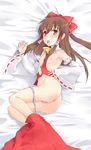  bed blush breasts brown_hair censored detached_sleeves hakurei_reimu highres long_hair panties panty_pull pizanuko ribbon small_breasts solo torn_clothes touhou underwear 