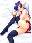  acid_head bed black_legwear blush bun_cover double_bun highres himeyuri_sango no_panties pillow purple_eyes purple_hair pussy pussy_juice school_uniform serafuku short_hair solo thighhighs to_heart_2 uncensored 