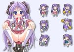  blue_eyes blush cheerleader chibi hiiragi_kagami long_hair lucky_star mima_chi one-piece_swimsuit pink_neckwear purple_hair pussy ribbon ryouou_school_uniform school_swimsuit school_uniform serafuku socks solo spread_legs swimsuit twintails 