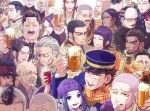  3girls 6+boys :d ainu_clothes alcohol asirpa beard beer beer_mug black_hair black_necktie blue_eyes blue_headwear blurry blurry_foreground burn_scar buzz_cut closed_eyes cup dark-skinned_male dark_skin drink drinking everyone facial_hair forehead_protector gansoku_maiharu golden_kamuy grey_hair hanazawa_yusaku hat headband hijikata_toshizou_(golden_kamuy) ienaga_kano inkarmat kadokura_(golden_kamuy) kepi kirawus_(golden_kamuy) kiroranke koito_otonoshin long_beard mgmgmg_aw8nf military_hat mug multiple_boys multiple_girls mustache nagakura_shinpachi_(golden_kamuy) necktie nihei_tetsuzou nikaidou_kouhei ogata_hyakunosuke old old_man oosawa_fusatarou purple_headband scar scar_across_eye scar_on_cheek scar_on_face scar_on_nose scarf shiraishi_yoshitake short_hair sideburns smile stubble sugimoto_saichi tanigaki_genjirou thick_eyebrows toni_anji tsukishima_hajime tsurumi_tokushirou usami_tokishige ushiyama_tatsuma vasily_(golden_kamuy) very_short_hair yellow_scarf 