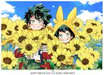  2boys bangs belt birthday blue_sky blurry blurry_background blush bodysuit boku_no_hero_academia border cape character_name closed_mouth cloud diffraction_spikes dot_nose english_commentary field flower flower_field freckles gloves grass green_bodysuit green_eyes green_hair happy_birthday highres looking_at_viewer midoriya_izuku mixed-language_commentary multiple_boys object_hug onesie otogino31 sky smile sparkle split_mouth straight-on sunflower teeth timestamp twitter_username utility_belt white_border white_gloves yellow_cape younger 