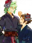  2boys :d black_kimono brown_hair closed_eyes green_hair grin hand_up happy highres hilbert_(pokemon) japanese_clothes kimono long_hair male_focus mask mask_on_head multiple_boys n_(pokemon) official_alternate_costume open_mouth pokemon pokemon_(game) pokemon_bw pokemon_masters_ex red_sash sash seonforest short_hair smile teeth tongue yukata zoroark zorua 