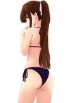  1girl absurdres ass back bangs bare_arms bikini black_bikini brown_hair commentary hair_ribbon highres long_hair looking_at_viewer looking_to_the_side marui_koishi original parted_lips ponytail purple_eyes ribbon shoulder_blades side-tie_bikini sidelocks simple_background solo standing swimsuit thighs white_background 