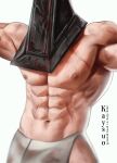  1boy abs artist_name bara biceps character_name dated dead_by_daylight flexing helmet highres kaysuoae large_pectorals male_focus muscular muscular_male navel nipples pectorals pose pyramid_head silent_hill_(series) silent_hill_2 simple_background solo topless_male white_background 